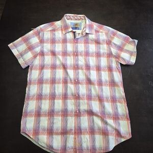 Robert Graham Cuban Shirt Men's Medium Red and Yellow Plaid Shirt